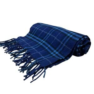 Enya Mantanani Cashmere Wool Blend Knit Scarf 56"x11" Blue Tartan Plaid Fringe